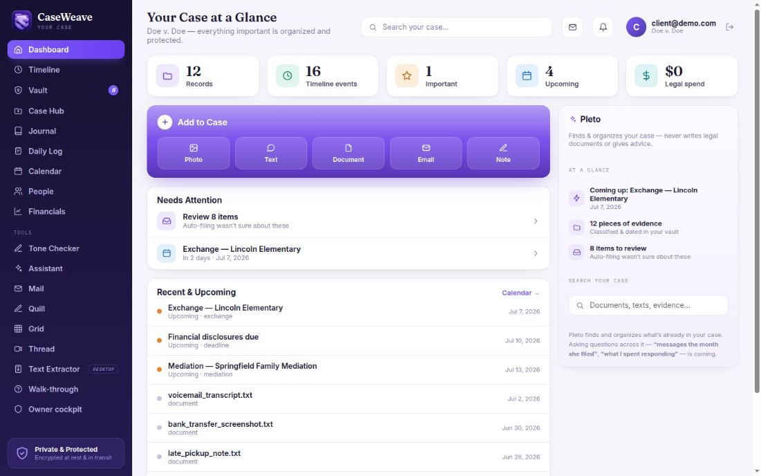 Stylized glimpse of the CaseWeave client workspace