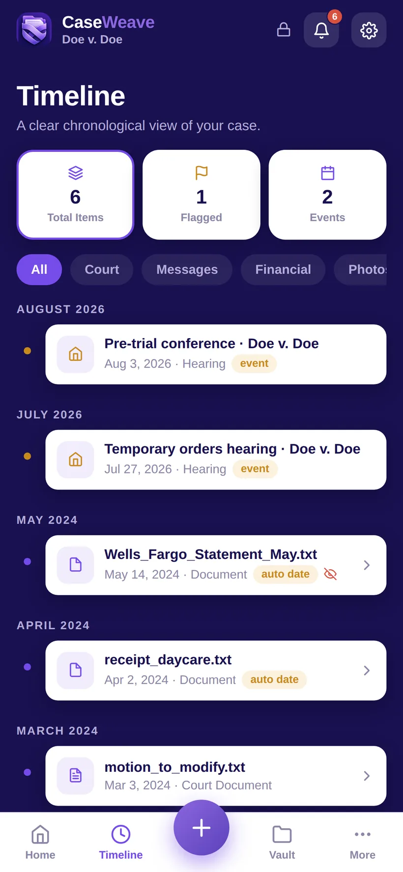 The CaseWeave app's timeline: dated evidence and calendar events woven into one chronology.
