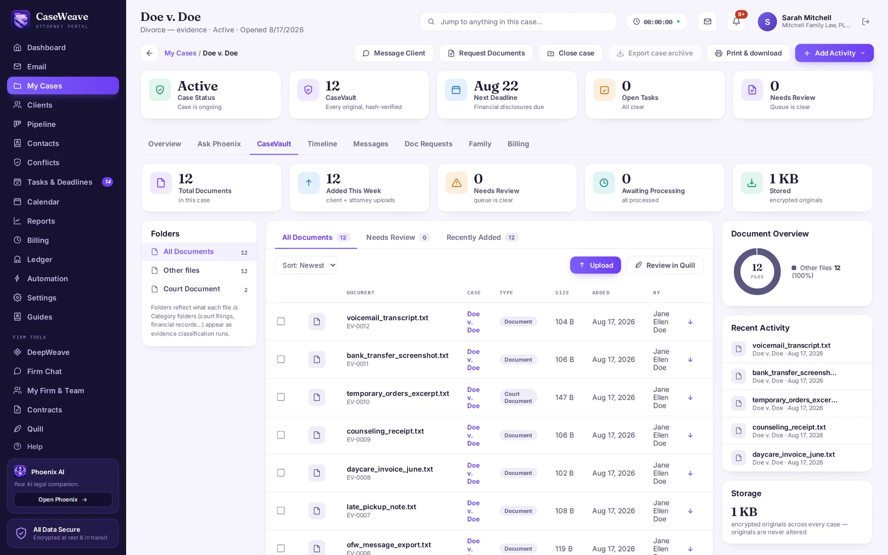 The attorney's CaseVault tab: the case's documents with review queue, folders and document overview.