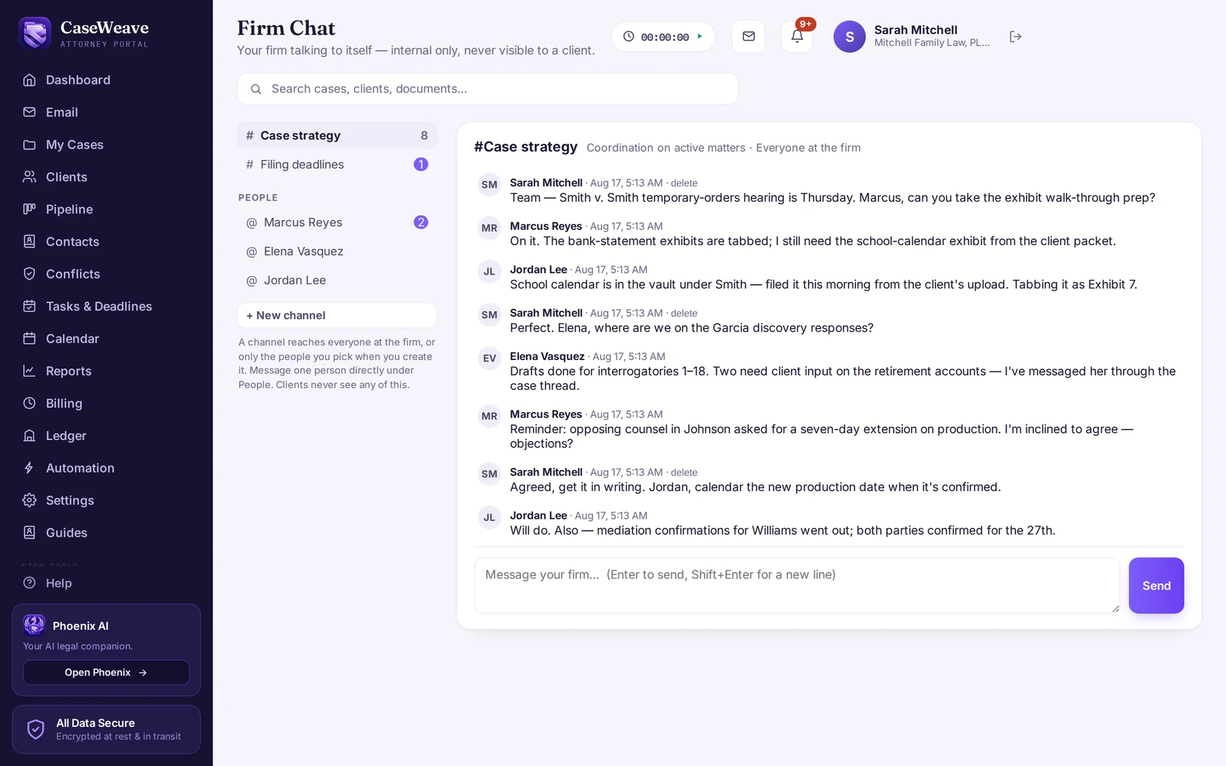 Firm chat: channels, private rooms and direct messages for the legal team.