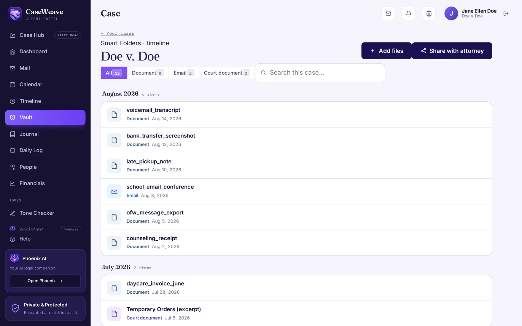 The CaseWeave client web portal showing the case with vault, timeline, journal, calendar and messages.