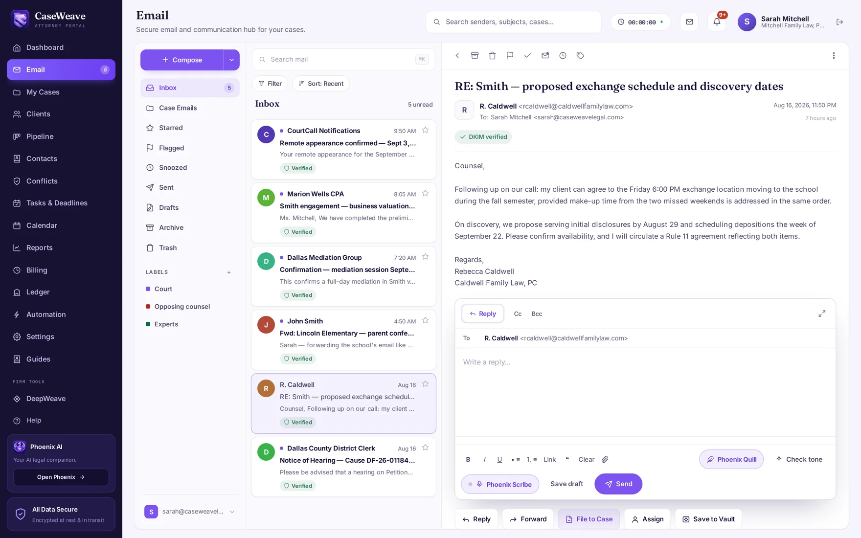 Mail in CaseWeave: the inbox, an open message, and the reply pane.