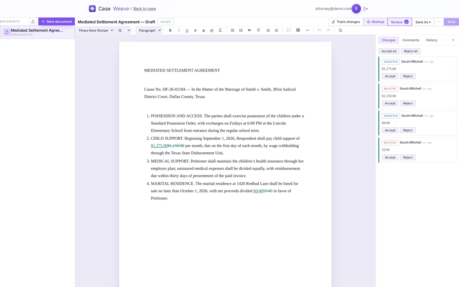 Quill: a settlement agreement open with tracked changes and the review rail showing each change.