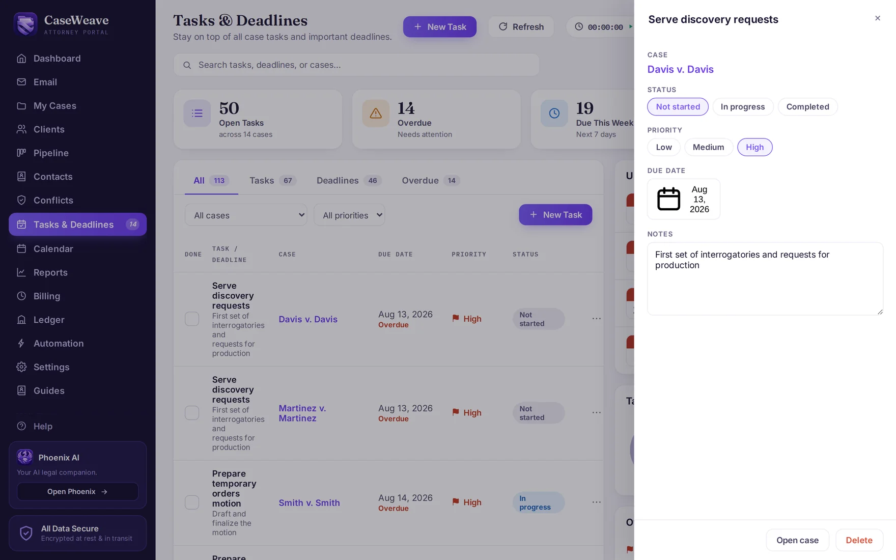 Tasks and deadlines with the detail drawer open.