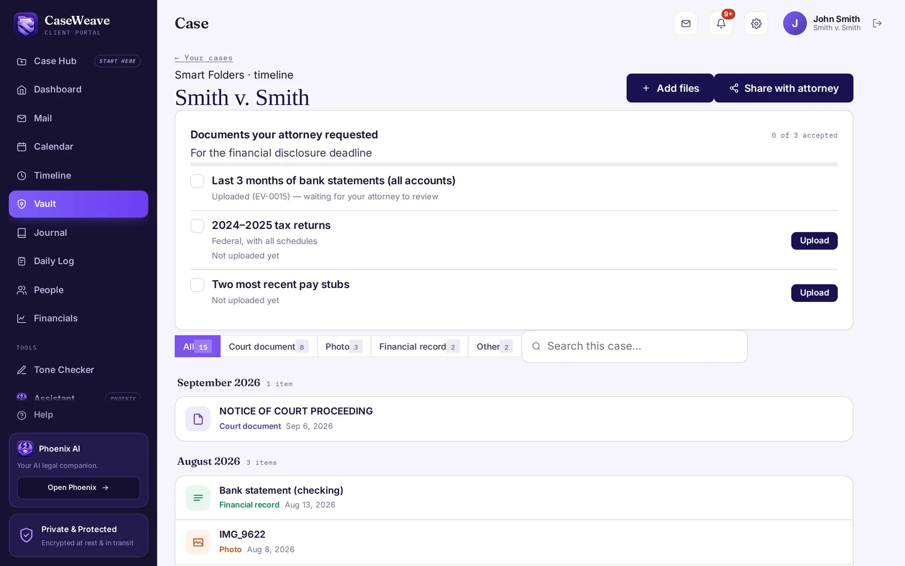 CaseVault on the client side: the requested-documents checklist, smart folders and the dated evidence timeline.